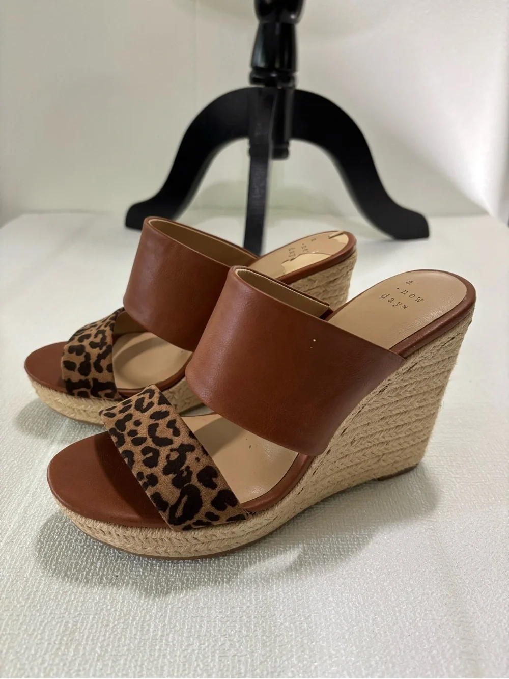 a new day Tan Brown Leopard Espadrille Wedge Sandals